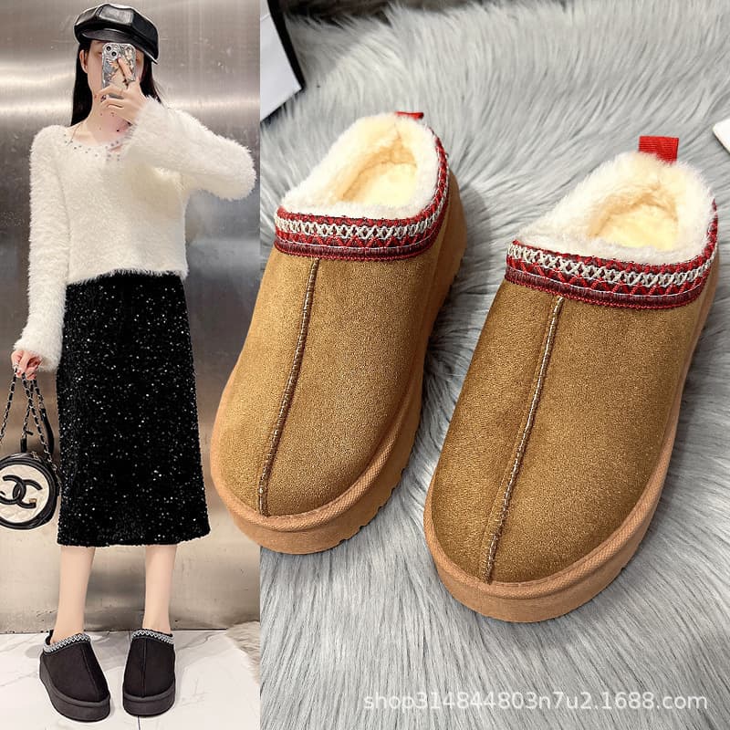 2025 Autumn/Winter Warm Ethnic Style Woven Thick-Soled Snow Boots with Hidden Height Increase, Cotton-Lined Non-Slip Indoor Slippers
