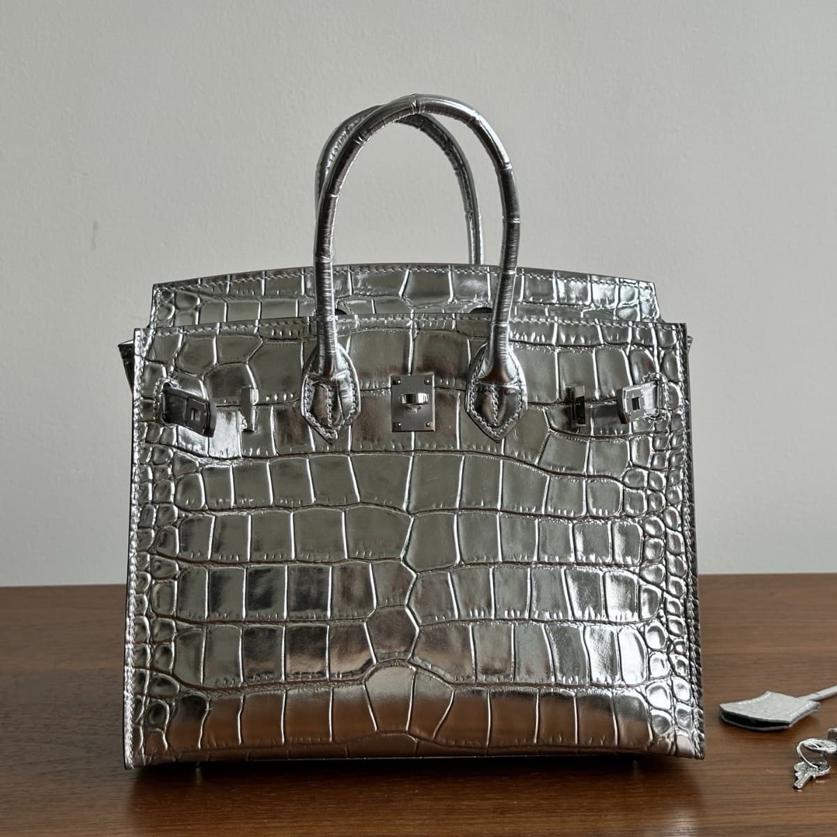 hjia outer seam silver crocodile pattern genuine leather platinum bag 25 steel hardware first layer cowhide imitation crocodile leather handbag for women