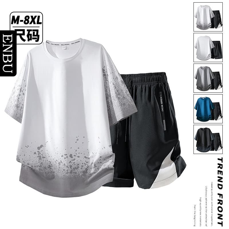 Enbu Short-Sleeved T-Shirt Suit for Men, Summer Casual Ice Silk Shorts, Men's Running Sports, Men's Youth Complete Set