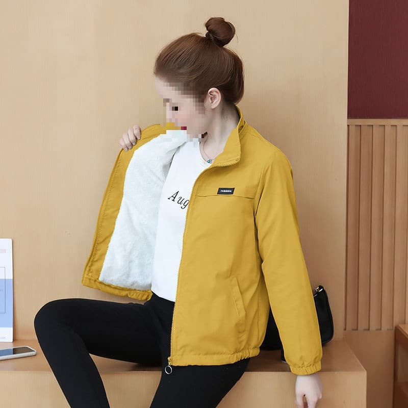 Fleece-lined/non-fleece short stand-collar jacket, new autumn and winter edition, women's Korean-style versatile casual baseball jacket.