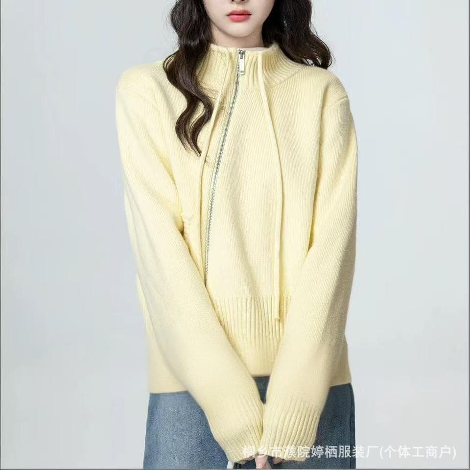 Korean Lazy Style Design Knit Cardigan Zipper Sweater Jacket for Women 2025 New Autumn Winter Short Long Sleeve