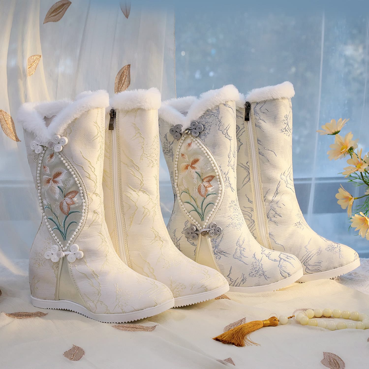 Shuya 2024 New Winter Padded Fleece-Lined High-Heeled Cotton Boots, Antique Style Zipper, Gold Thread Embroidery, Fur-Toothed Cotton Shoes