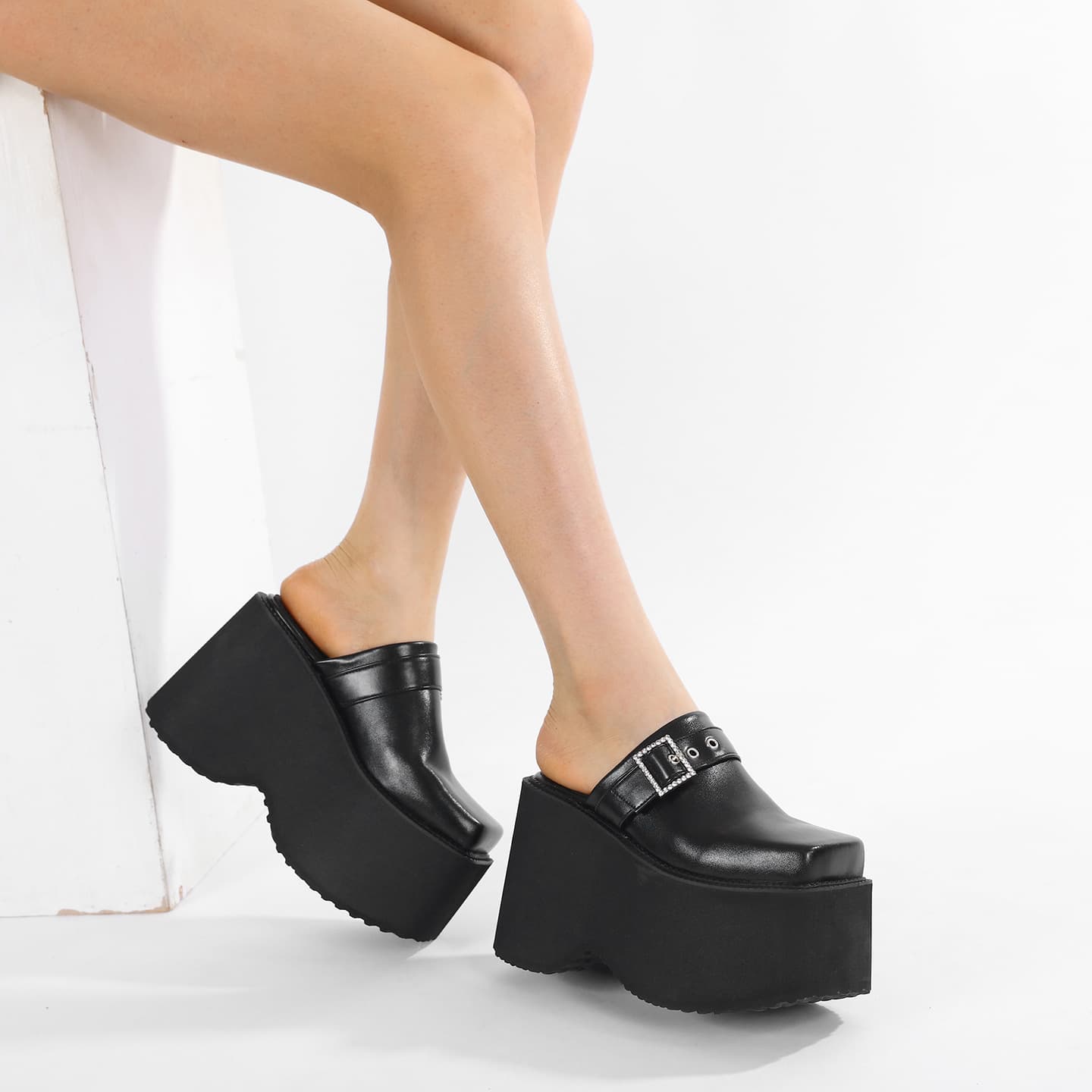Women's high-heeled thick-soled mule shoes, fashionable rhinestone thick-soled toe-enhanced sandals, casual half-mug outer wear for summer women