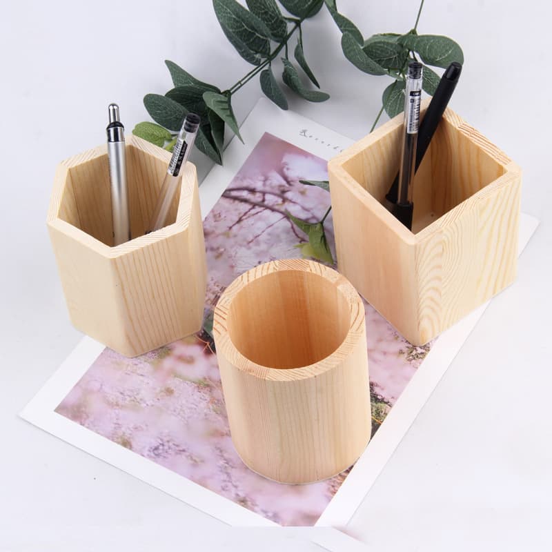 Simple Square Pen Holder Wooden DIY Painted Natural Wood Color Wooden Diamond Round Beech Storage Box Stationery