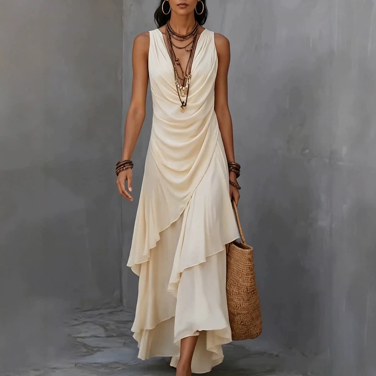 Cross-border European and American Women's Summer New Sleeveless V-Neck Dress with Ruffled Irregular Hem Chiffon Vacation Maxi Dress