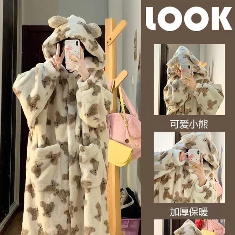 New Women's Pajamas Autumn Winter Coral Fleece Warm Cartoon Cute Bear Thickened Hooded Robe Cross-border
