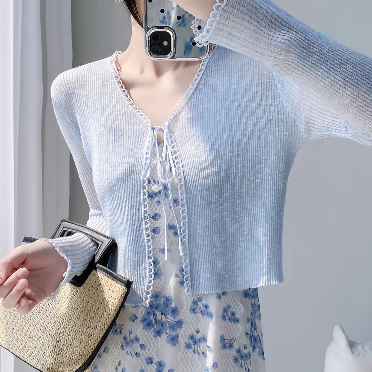 Bamboo linen knitted cardigan women's thin air-conditioning shirt suspender skirt with blouse summer shawl v-neck waistcoat