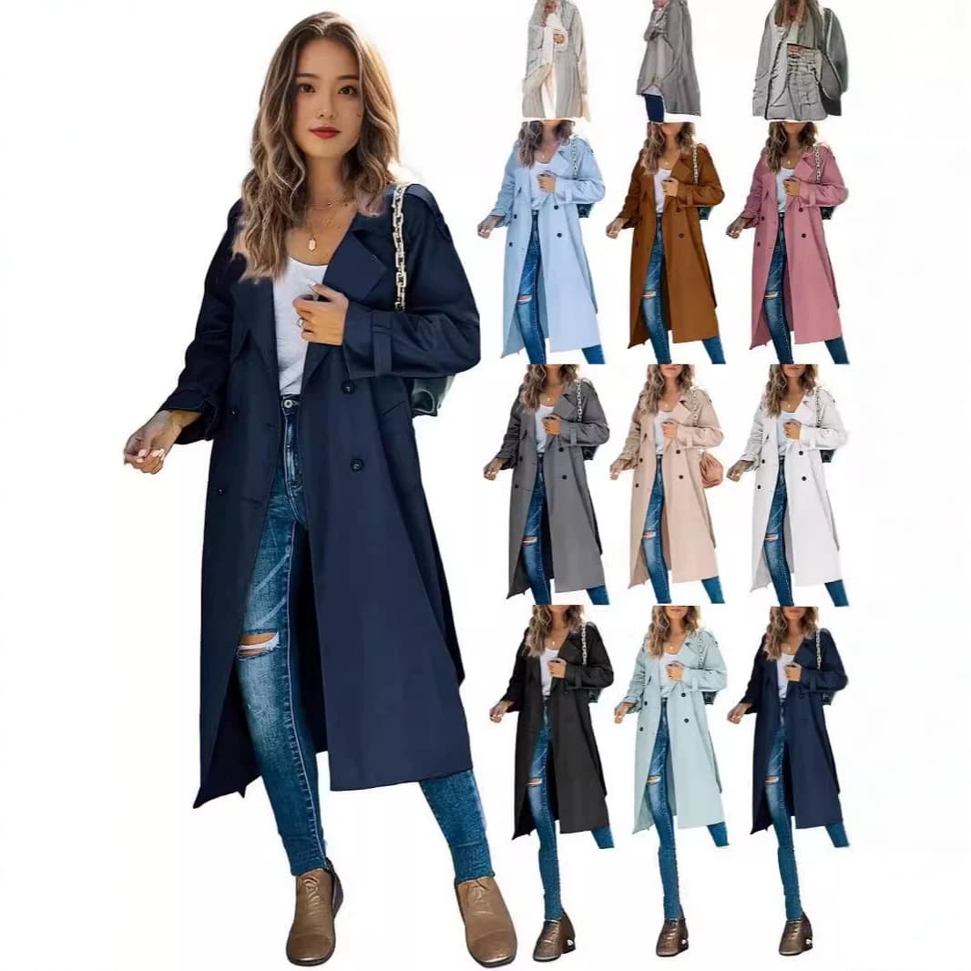 European and American 2024 New Fashion Solid Color Casual Women's Lapel Long-Sleeve Autumn Winter Trench Coat Long Outerwear Elegant Women's Overcoat