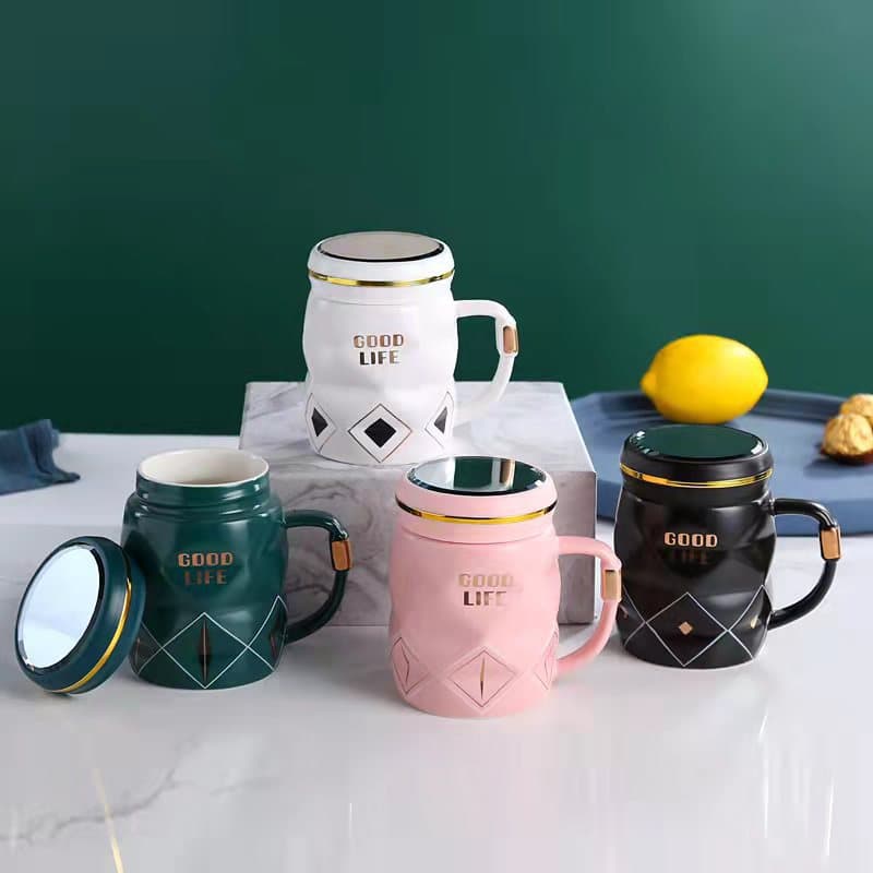 Mirror cup, office ceramic water cup, advertising event gift mug with lid, logo-making cup, cross-border selection