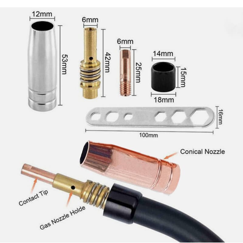 MB15AK Protective Nozzle, 15 Connecting Rod, 15 Conductive Nozzle, Wire Feeder, Barrel Bend, 14AK Gasless Protective Cover, Nozzle