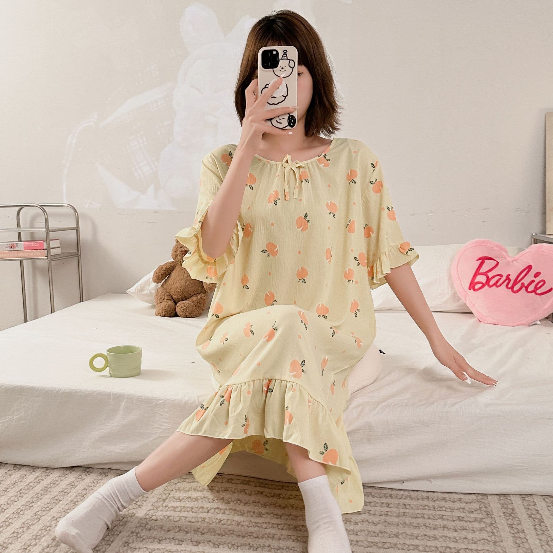 Cloud Cotton Sleep Dress Women Cross-Border Mid-Length Short Sleeve Printed Dress Spring Autumn Thin Plus Size Casual Loungewear