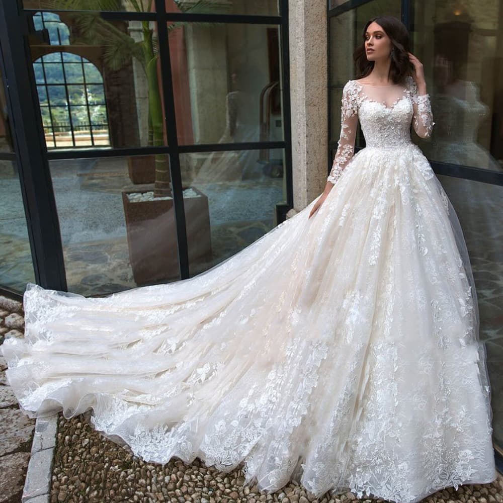 2026 New Cross-Border Foreign Trade Wedding Dress, New Style Long-Sleeve Solid Color High-End Niche Bridal Gown