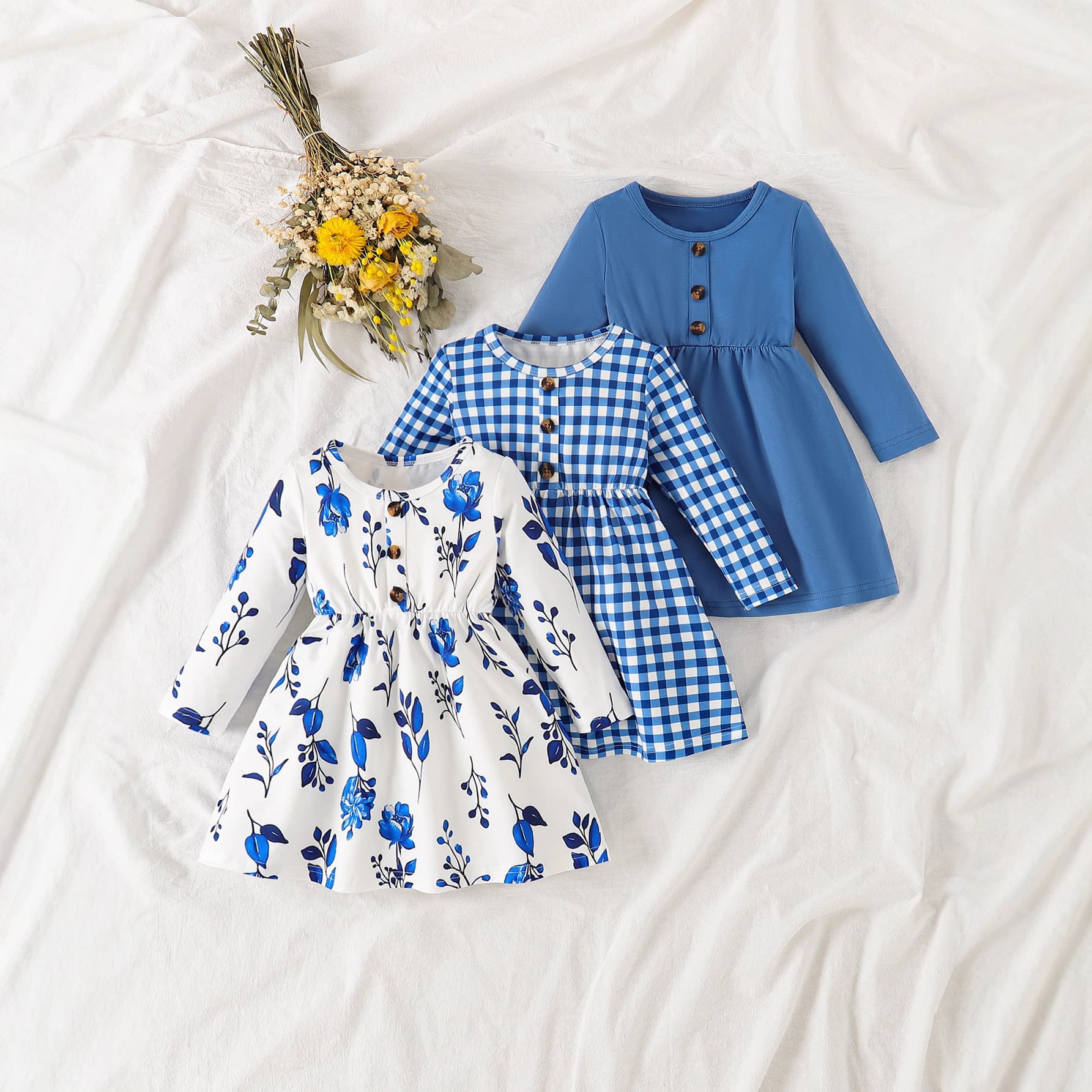 Baby Girls 3-piece floral print long-sleeved dress + solid color buttoned long-sleeved dress + plaid print