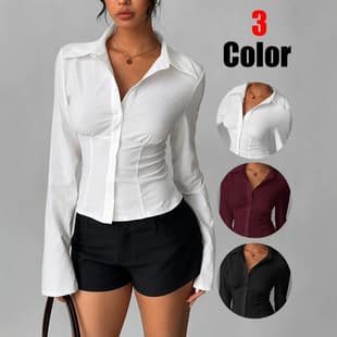 Hot Girl Style Waist-Cinching Short Solid Top Women Turn-Down Collar Long Sleeve Slim Fit Pleated Versatile Office Basic Top