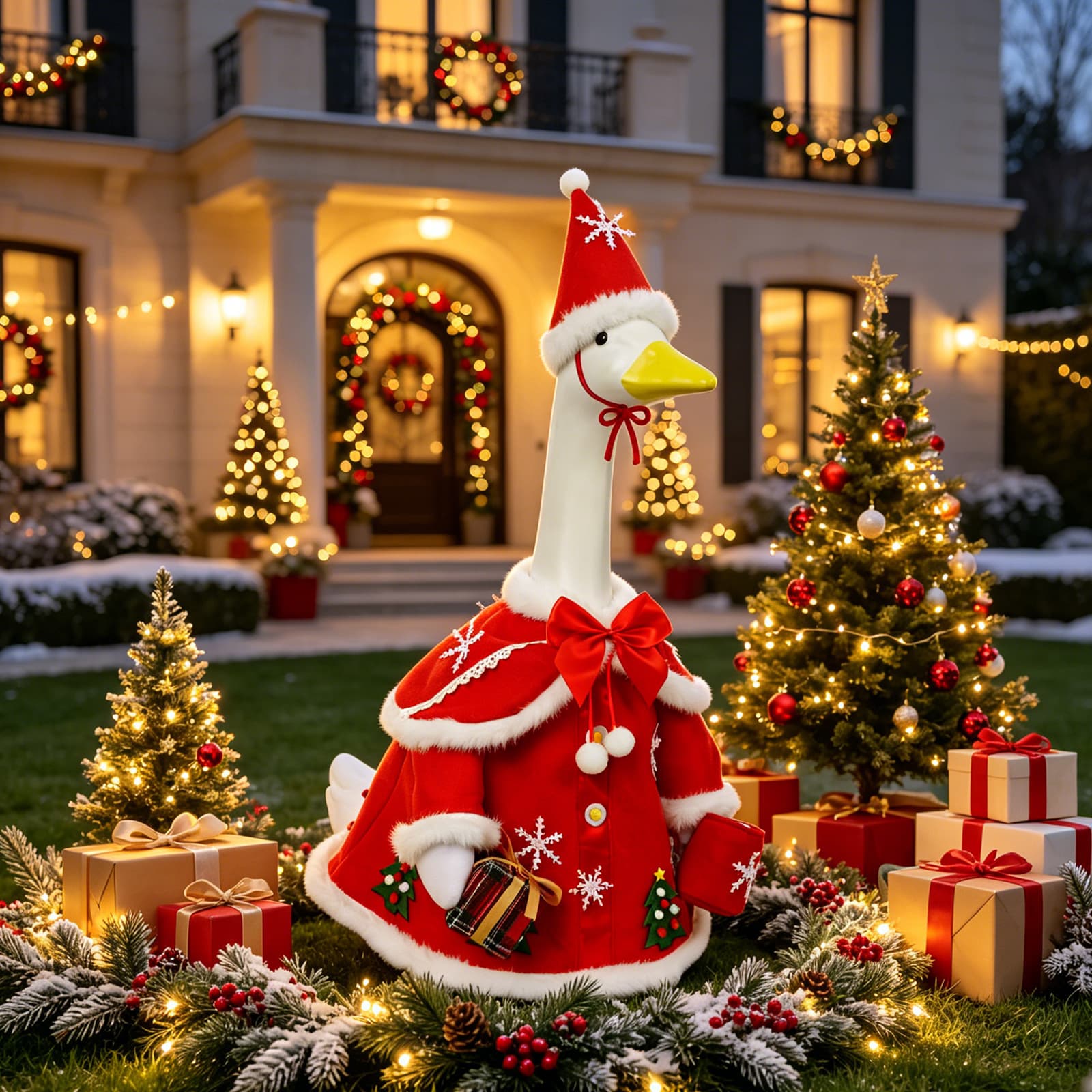 Christmas decorations, large swan Christmas costumes, outdoor courtyard holiday decorations, Christmas tree ornaments, red