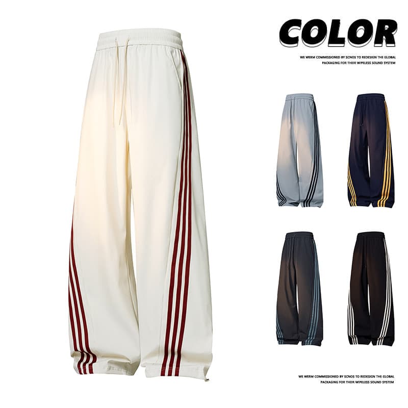American Style 2026 Autumn Men's Wide-Leg Sports Pants with Three Stripes, Casual Long Pants, Loose Fit, Plus Size, Trendy Brand Pants Wholesale