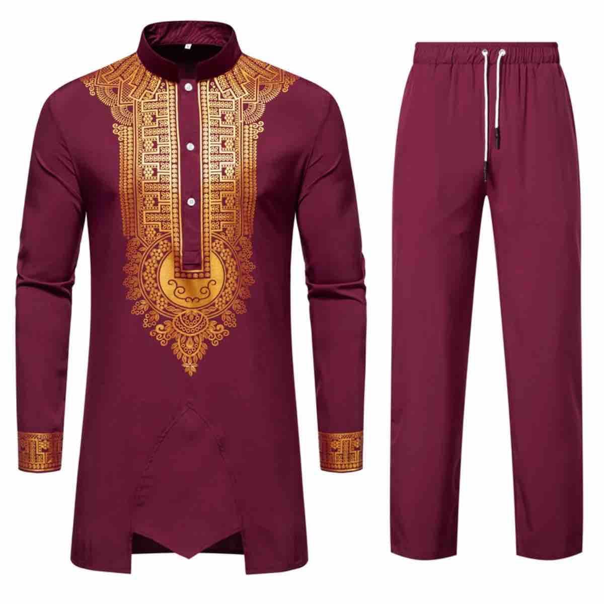 New Cross-Border Men's Long-Sleeve Shirt and Pants Set, Ethnic Style Robe with Gold Print, Long Pants, European, American, African