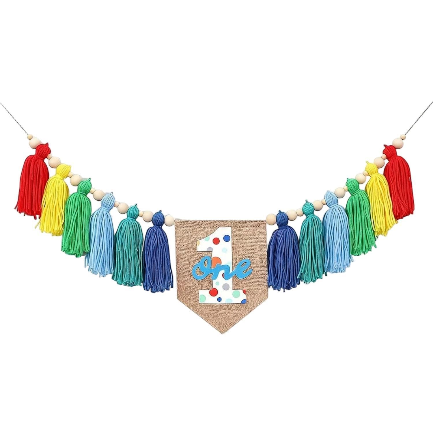 Colorful Yarn String Wooden Bead High Chair Banner, Rainbow-Themed Birthday Party Decoration Garland