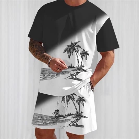 2025 Summer Men's Casual Fashion Simple Short Sleeve and Shorts Set