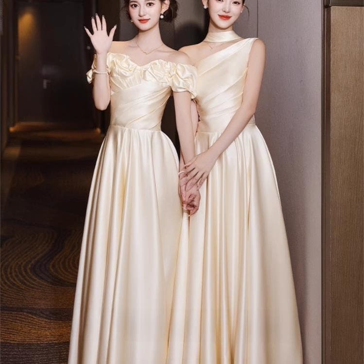 Champagne satin dress, women's annual party niche one-shoulder long dress, bridesmaid dress, beautiful dinner style