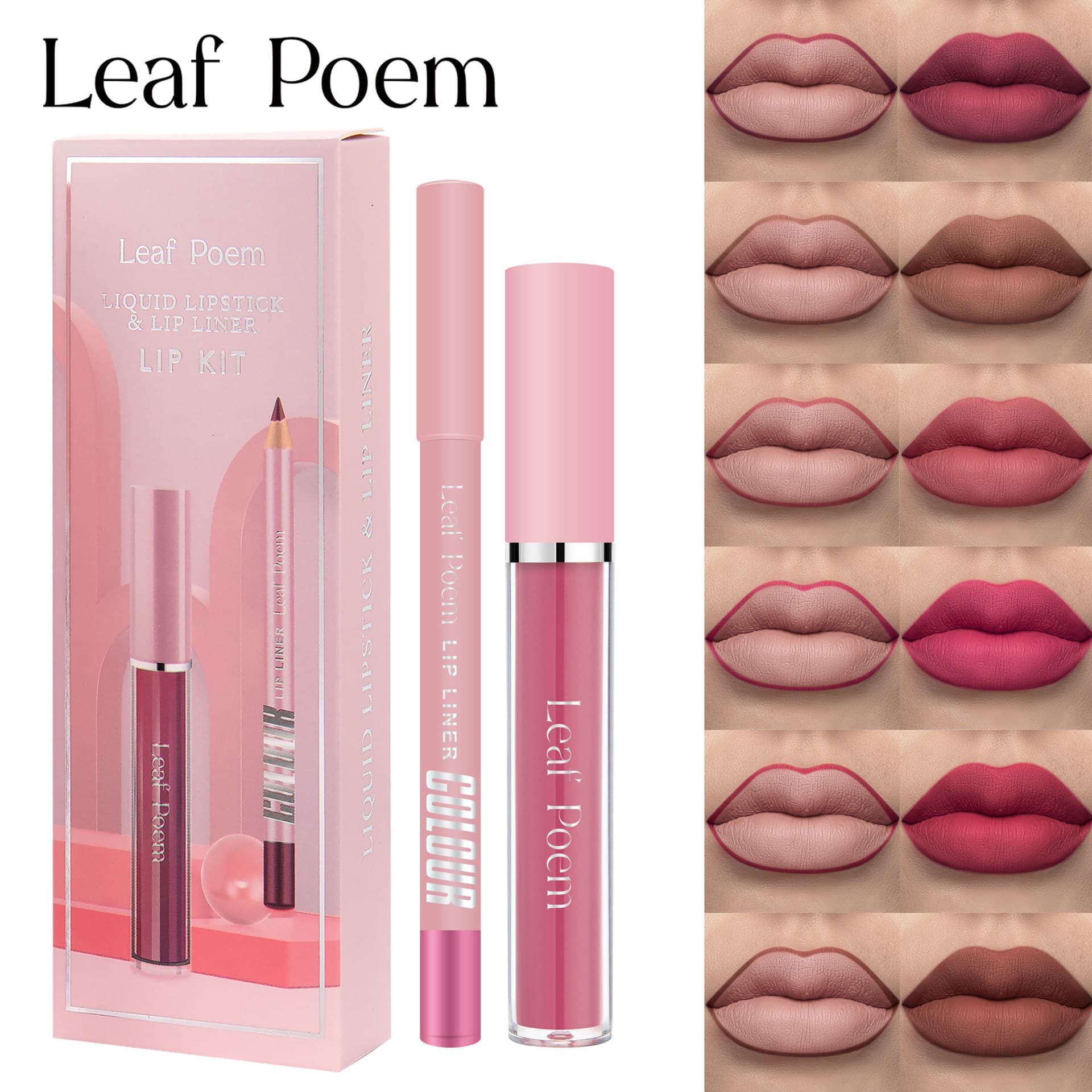 LEAF P0EM Cross-border Makeup Non-transfer Lip Gloss + Lip Liner Combo Set Waterproof Matte Lip Gloss Set