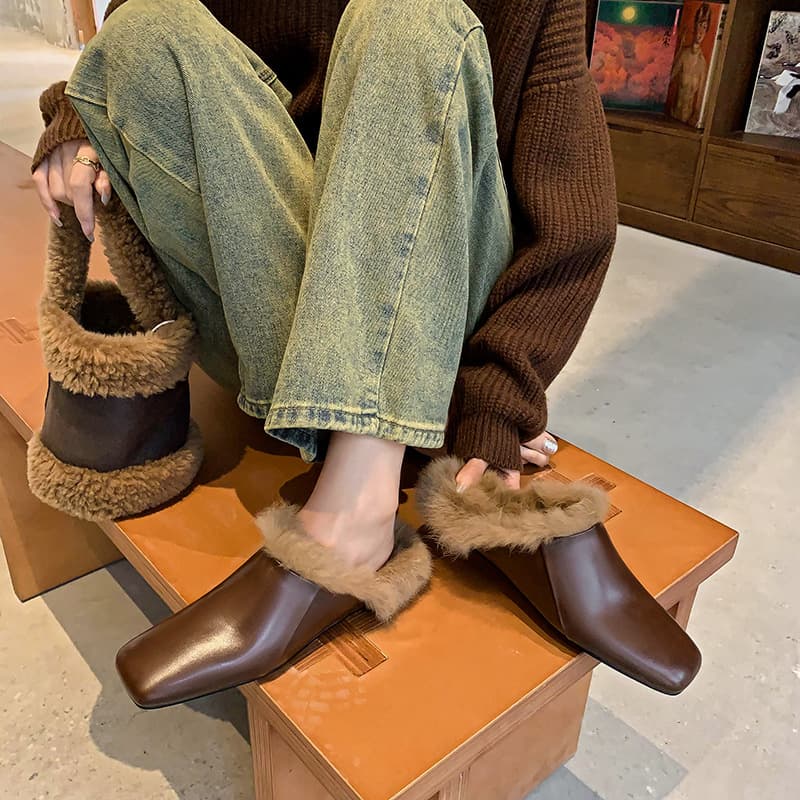 Genuine Leather French Trendy Mule Shoes Square Toe Flat Slip-On Fur Lined Winter Outdoor Women's Half Slippers
