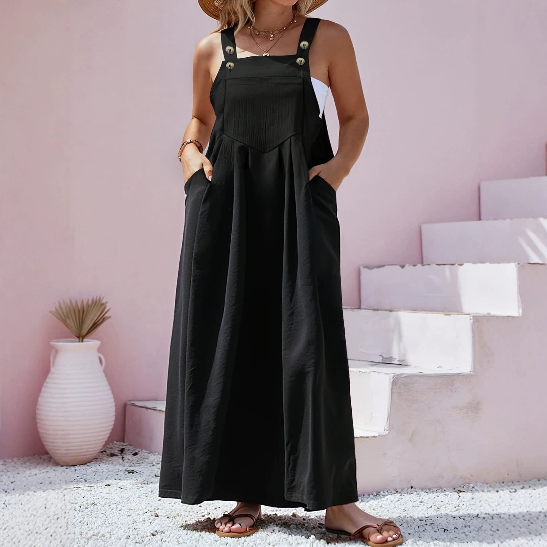 Plus Size Women's Spring/Summer Black Jumpsuit Long Dress with Button Straps and Pockets, Loose Fit for Daily Outings and Beach