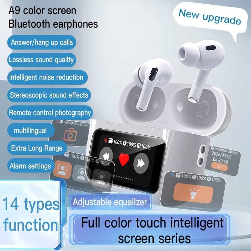 Cross-border A9pro Round Screen Private Mold Smart Screen Earphones, Compatible with Apple, Color Touch Screen, Noise Cancelling Bluetooth Earphones