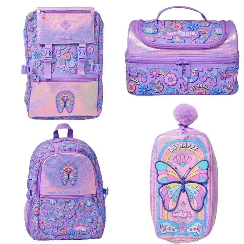 Australian Smiggle Backpack for Primary School Girls, Large-Capacity Cartoon Butterfly Backpack with Pencil Case