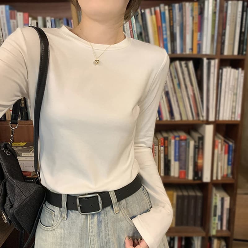 Autumn and Winter New Style Fleece-Lined Thickened Inner Base Shirt for Women, Slim Long-Sleeve T-Shirt, Basic Waist-Cinching Versatile Top