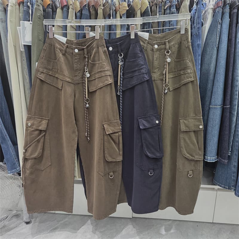 Korean High-Waist Multi-Pocket Wide-Leg Cargo Jeans for Women, 2026 Autumn New Arrival, Unique Trendy Wide-Leg Style