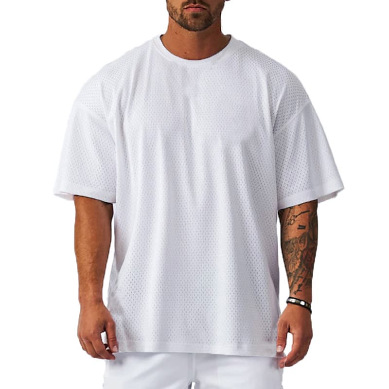 Light plate plus size Oversized dropped shoulder loose large mesh half-sleeved T-shirt for men bodybuilding fitness short-sleeved