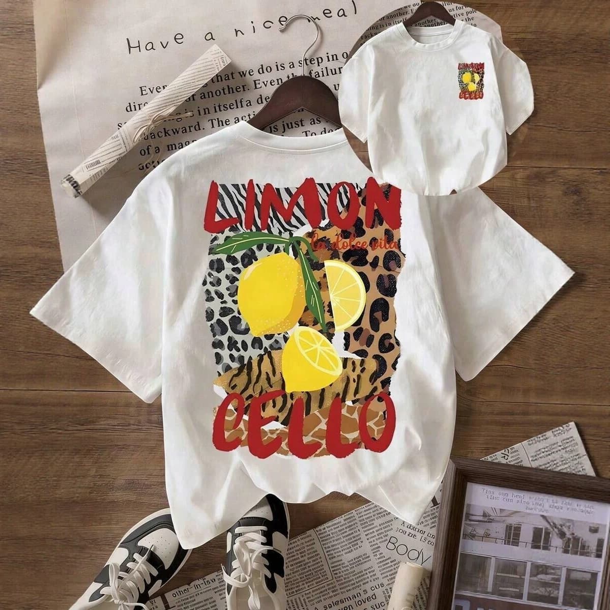Cross-border European and American new Amalfi Coast lemon double-sided printed T-shirt casual loose and versatile short-sleeved top