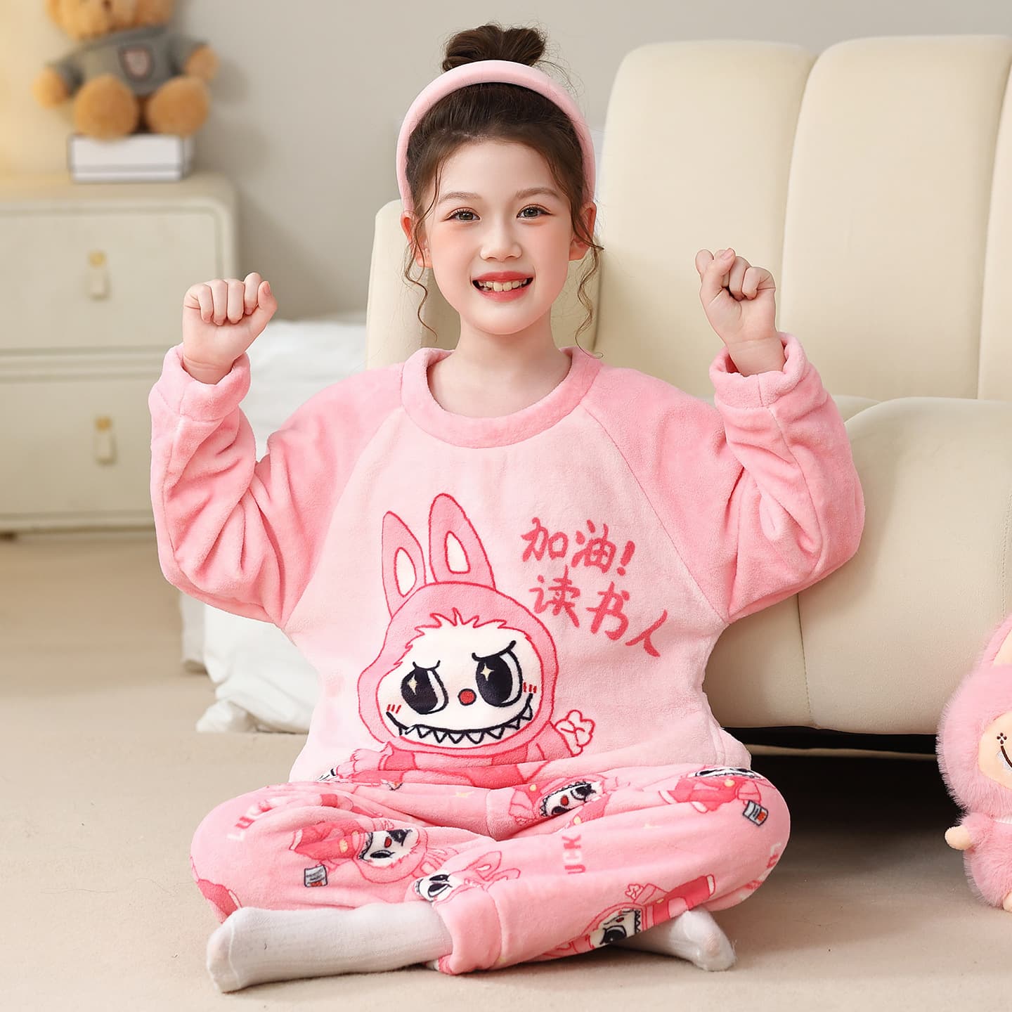 Kids' Pajamas Autumn Winter Coral Fleece Thickened Warm Loungewear Set Boys Girls Cartoon Flannel