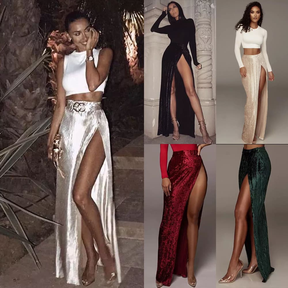 2025 European and American Cross-border Amazon Slim Fit Ribbed Spring Midi Skirt, Elegant High Slit Women's Skirt, INS Long Skirt