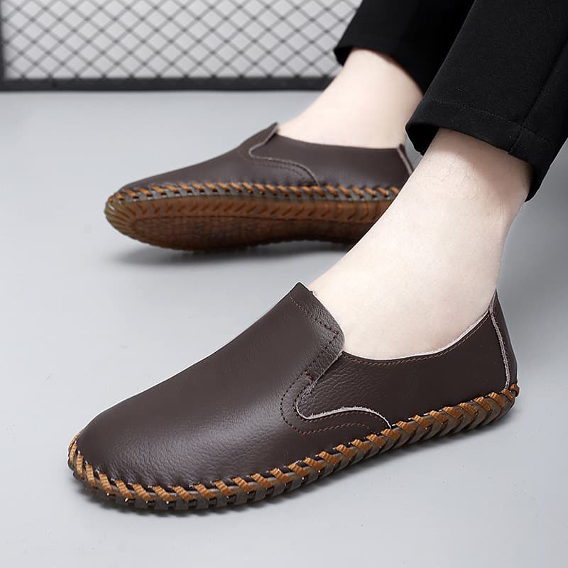 2026 Summer and Autumn Cross-Border Breathable Large Size Men's Shoes Genuine Leather Stitched Casual Shoes Men's First Layer Cowhide Slip-On Shoes