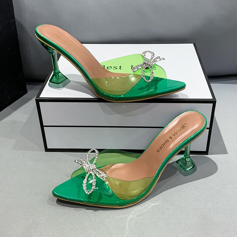 Large Size Pointed Toe Rhinestone Bow High Heel Slippers for Women African High Heels Slippers