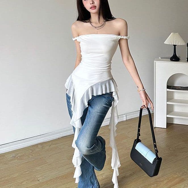 Cross-border Wholesale New Tea Break Soft Ruffle Sexy Camisole Top Summer Versatile Off-Shoulder Fitted Crop Top