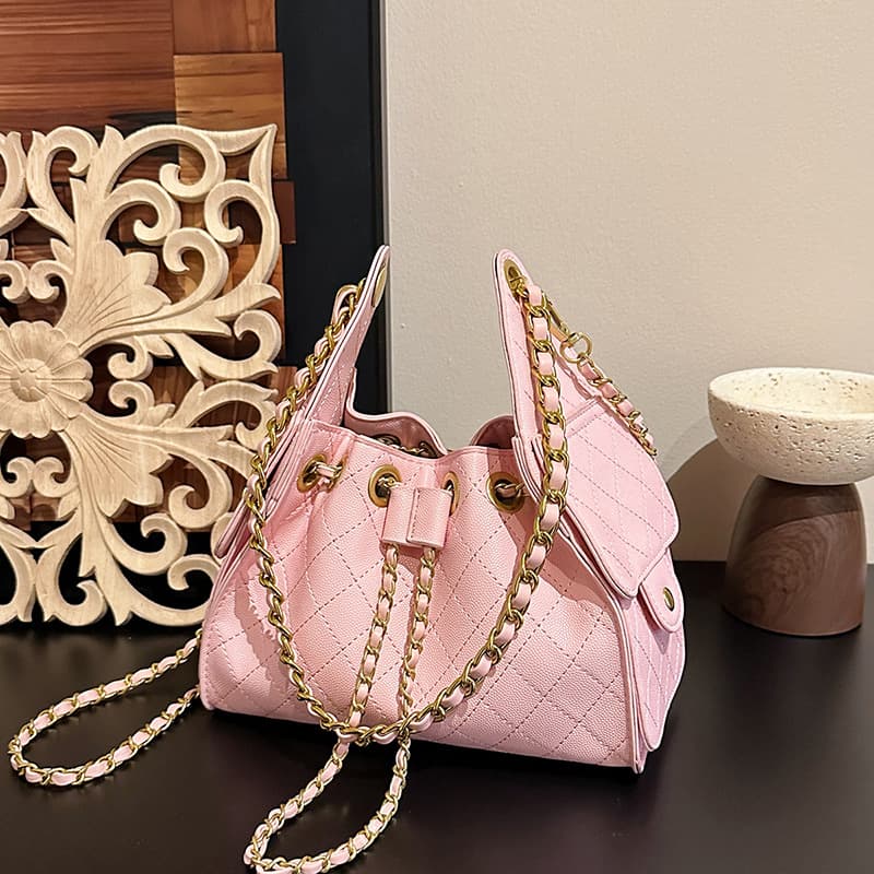 Black Chanel-Style Drawstring Bucket Bag for Women, 2026 New Model, Large Capacity Crossbody Bag with a High-End Quilted Chain Design