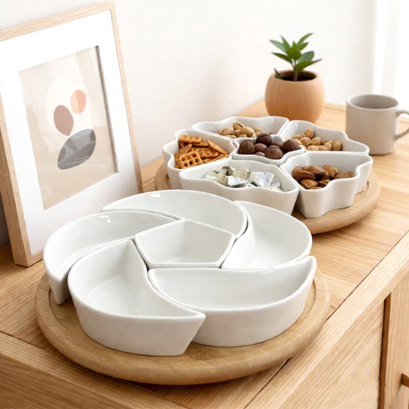 Ceramic Sectional Snack Tray with Bamboo Tray, Creative Multi-Compartment Dried Fruit Plate, Nordic Style for Living Room