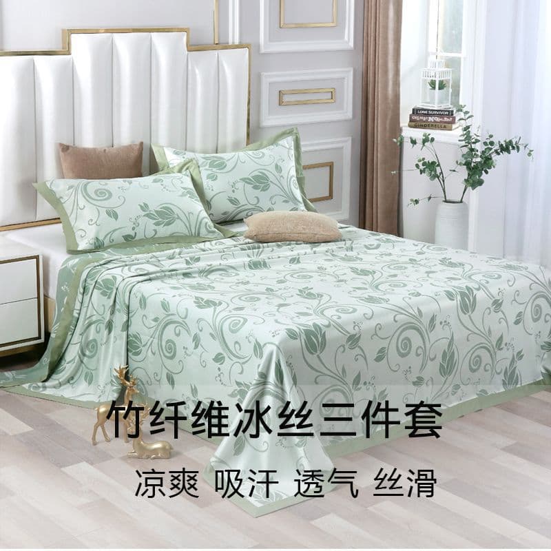 High-End Bamboo Fiber Cooling Mat Three-Piece Set, Ice Silk Sheet Air-Conditioning Summer Single Machine Washable Bedding