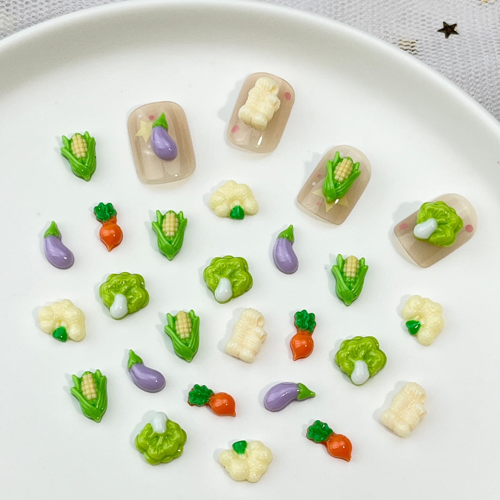 diy food toy vegetable nail art accessories three-dimensional simulation cabbage corn eggplant resin wearable nail accessories material package