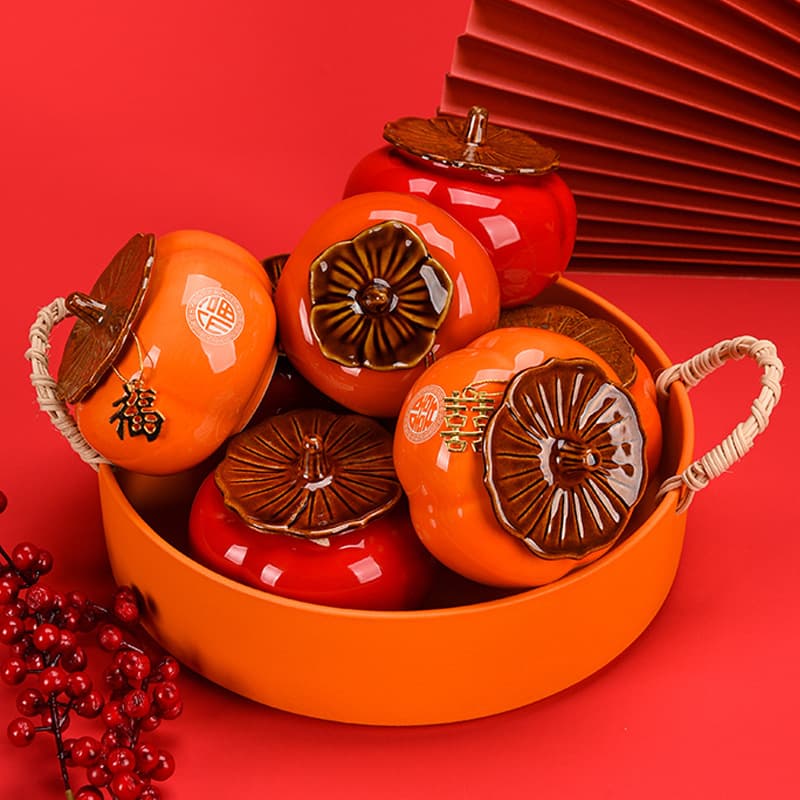 Ceramic Persimmon Tea Canister with "Double Happiness" Scented Candle, Birthday Banquet Engagement Celebration Candy Jar Gift Set