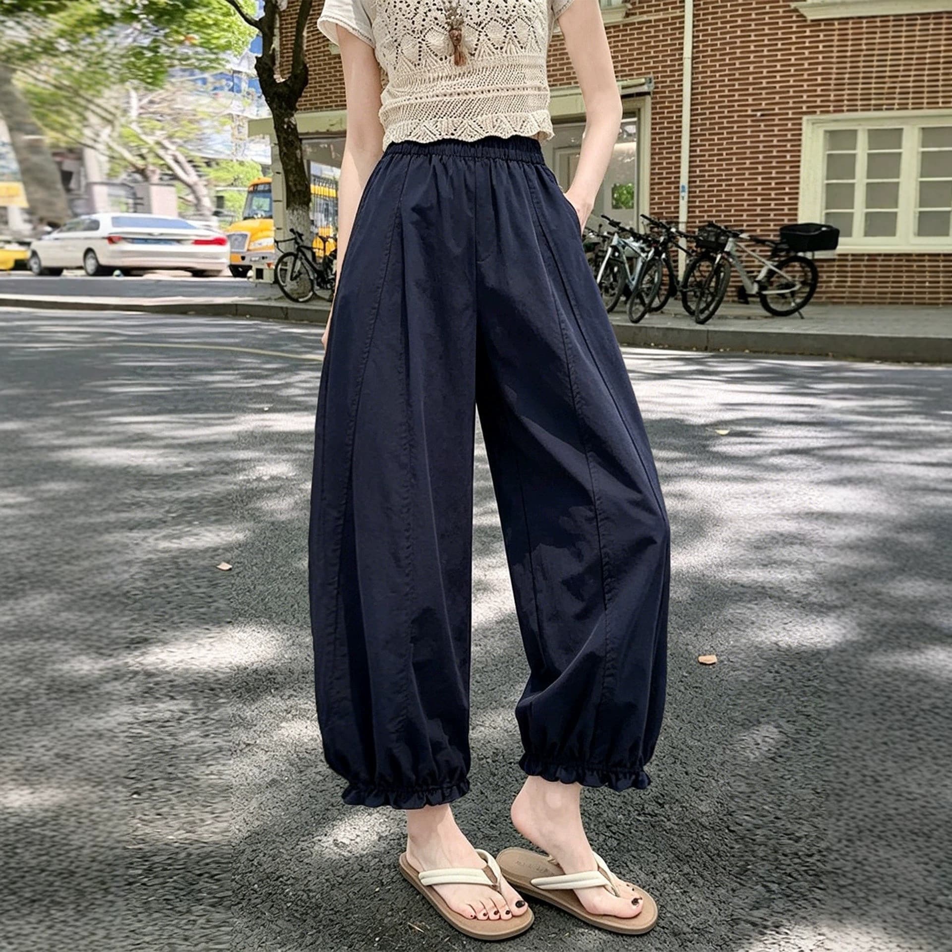 Summer Stylish Thin Women's Casual Wide-Leg Pants with Drape, High-End Feel, Bud-Shaped Cropped Lantern Pants
