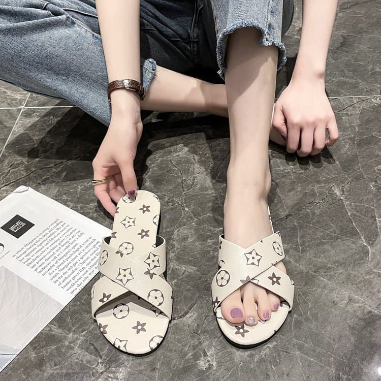 2026 Summer New G-Flat Cross Strap Silk Printed Flat Sandals for Women Casual Plus Size Slippers