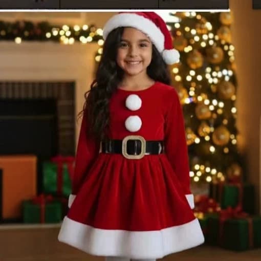 2026 European and American Christmas children's clothing girls long-sleeved red dress party dress up costume Santa Claus