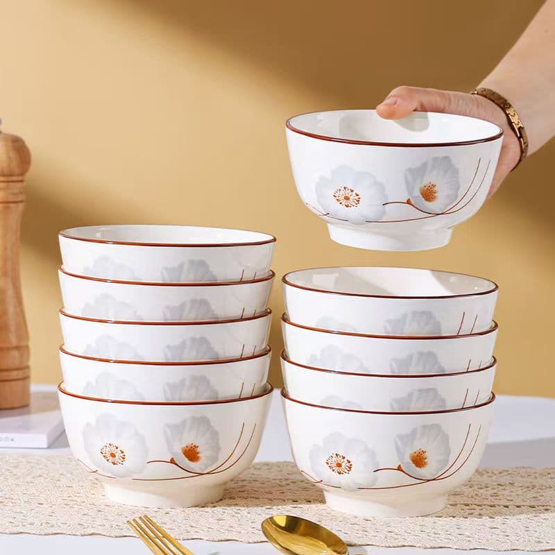 10-Pack Household Rice Bowls Ceramic Dinner Bowls Wholesale High Appearance Porcelain Bowls 5-Inch Large Rice Bowls Clearance Tableware
