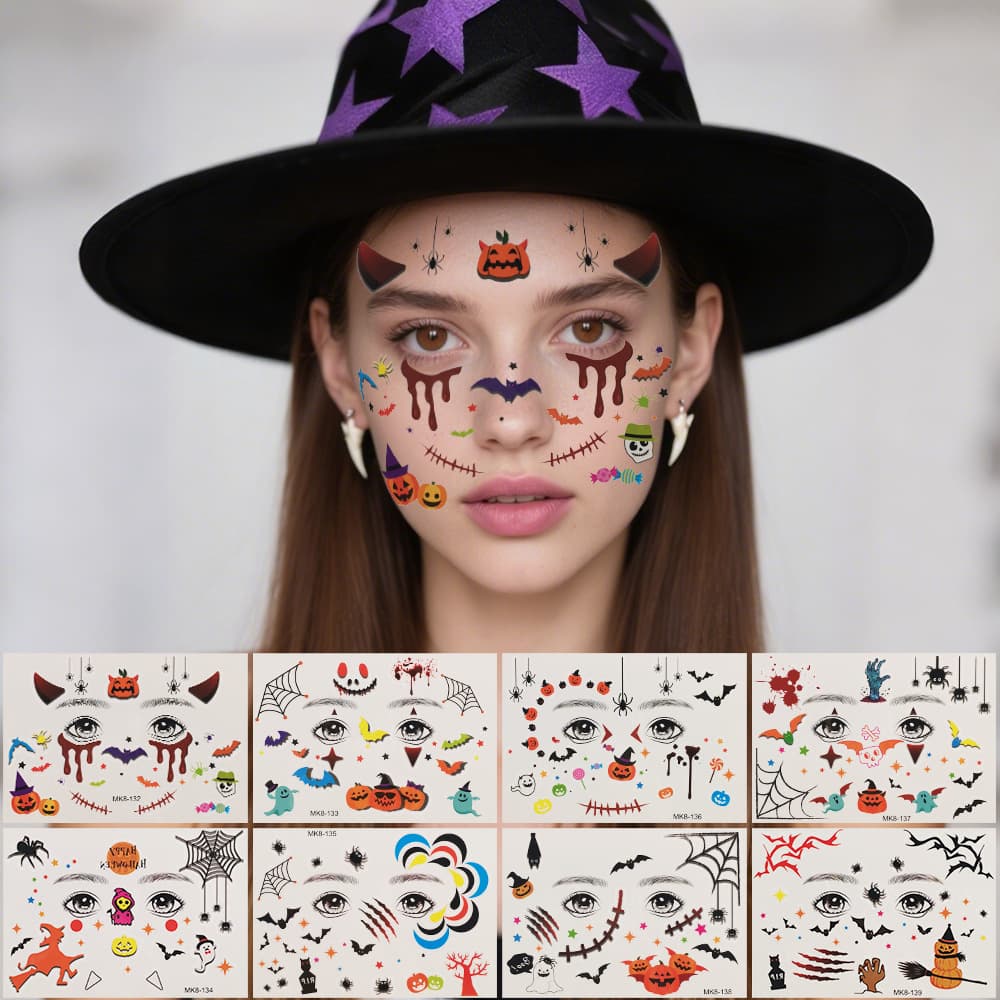 Halloween face tattoo stickers pumpkin bat blood stained spider scar face sticker children's party makeup waterproof sticker