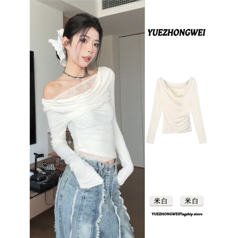 White Irregular Off-The-Shoulder Lace Splice Long Sleeve T-Shirt Women's 2024 Autumn New Slims Smooths Your Silhouette Chic Top