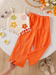 Girls' 3D Floral Tassel Camisole Ruffle Wide-Leg Pants Two-Piece Set Summer Kids' Casual Garden Style